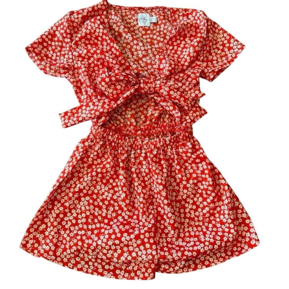 Polly Red Floral Tie Front Romper Boho Summer Shorts Size XS
